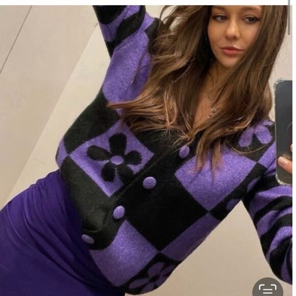 Zara Purple Black Checkered Flower Jacquard Knit Oversized Cardigan Sweater S - Picture 3 of 9
